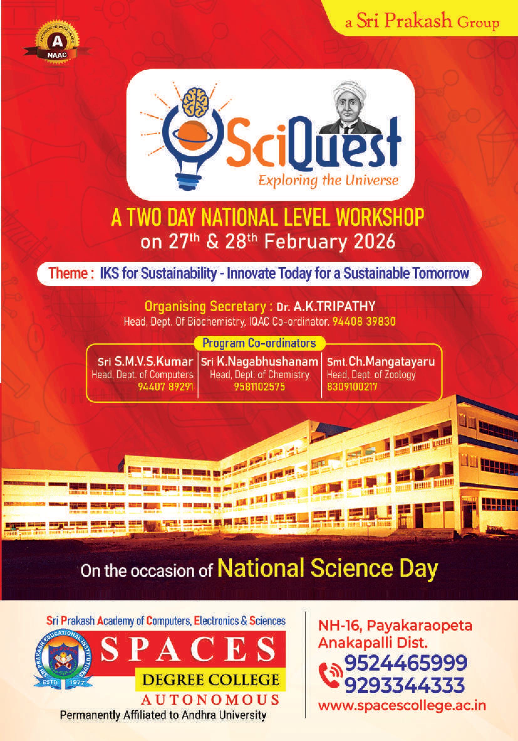 “Sci-Quest–2026”, A Two-Day National Level Workshop to be held on 27th & 28th February 2026 at SPACES Degree College